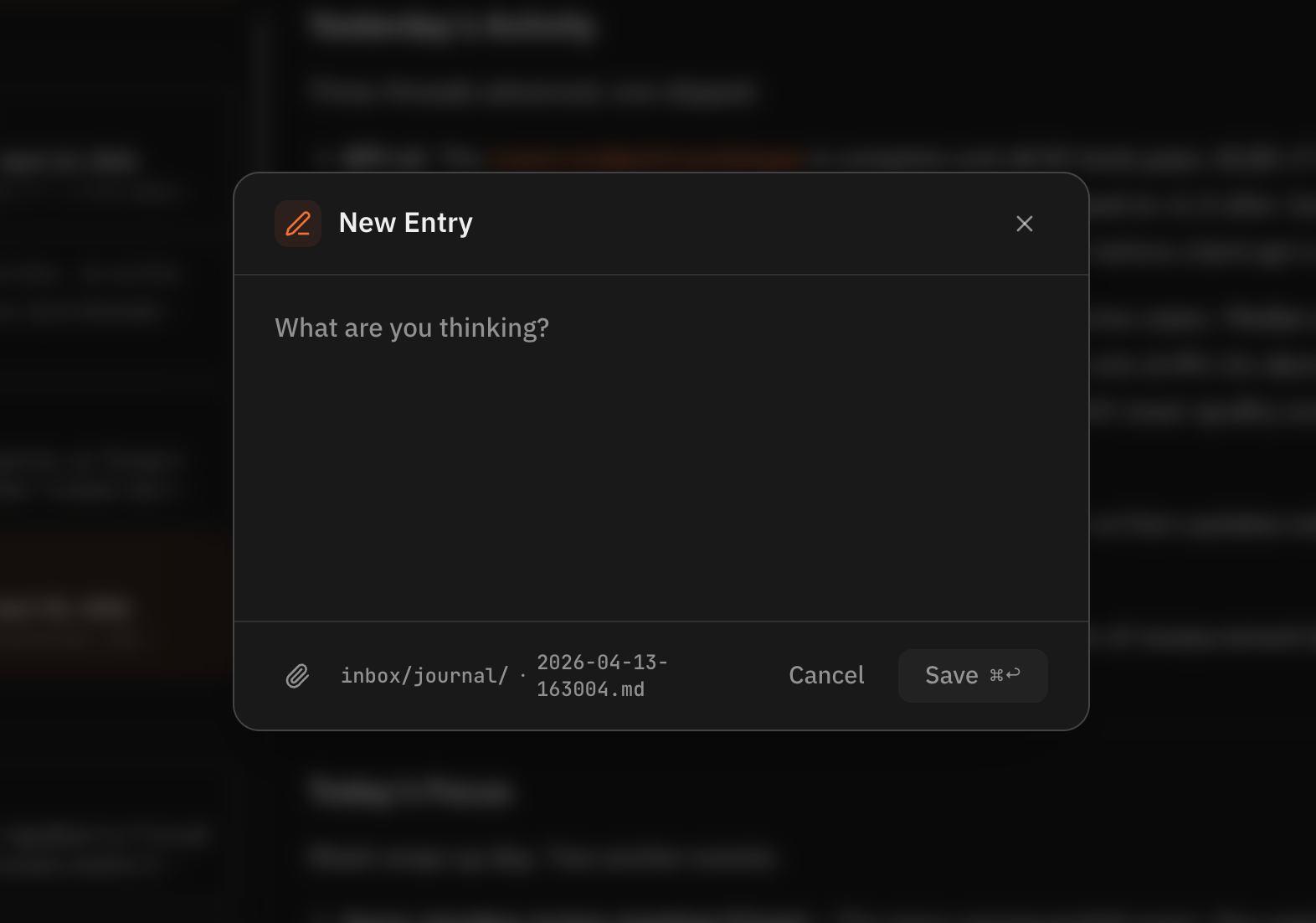 Rill quick capture modal showing a journal entry being written about async standup experiments