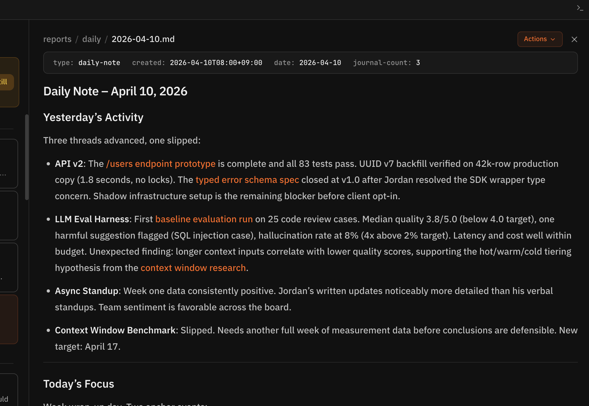 Rill daily briefing showing yesterday's activity, today's focus areas, and active task status