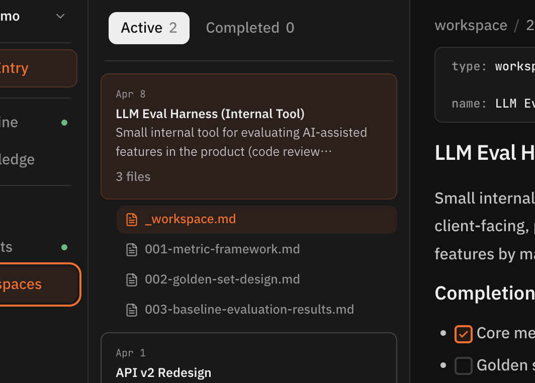 Rill workspace cards showing two active projects with file trees and artifact counts