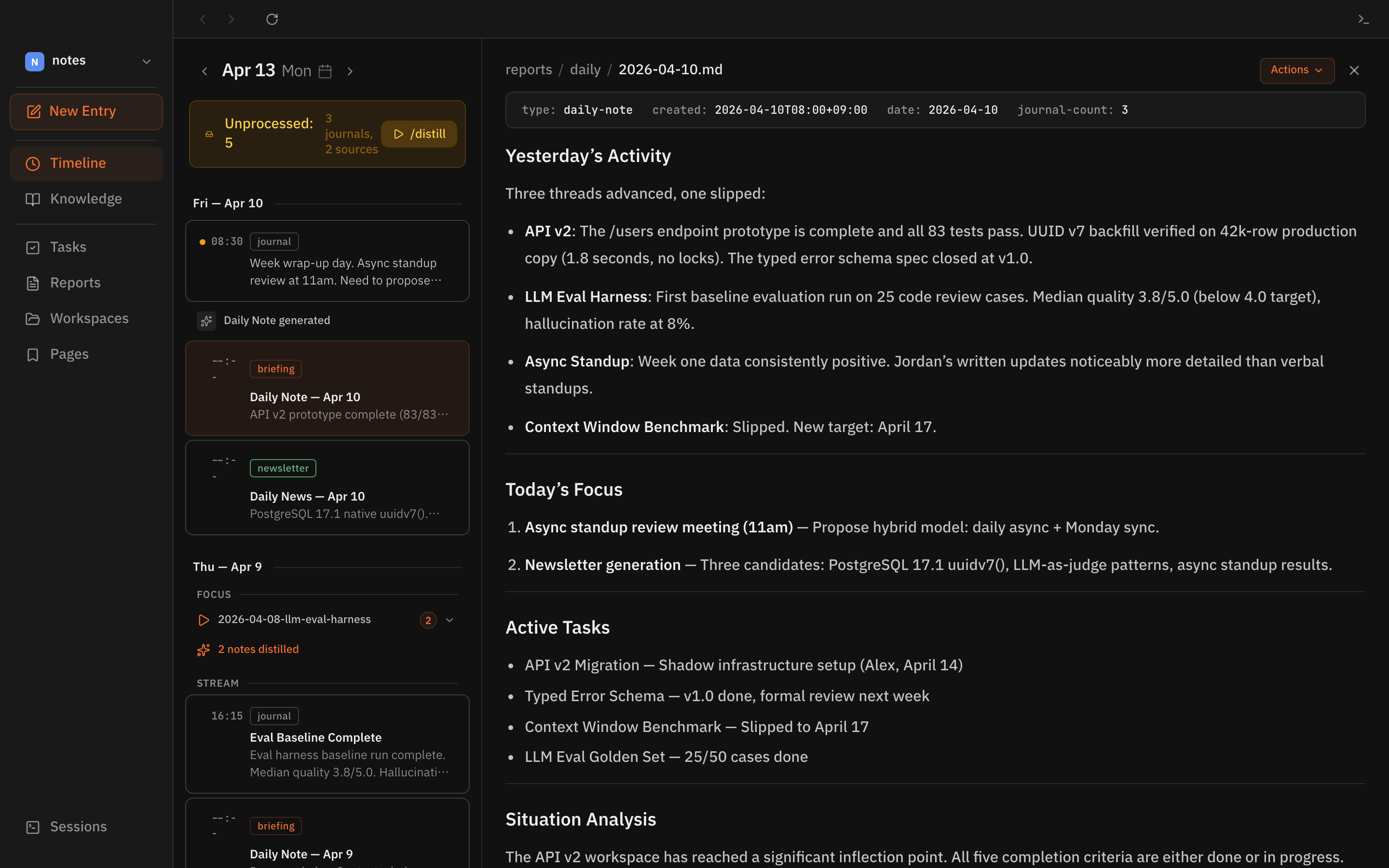 Rill desktop app showing a timeline of journal entries, daily briefings, and AI-generated newsletters alongside a detailed daily report